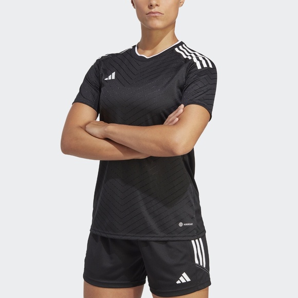 NWT adidas Women's Campeon 23  Soccer Jersey Size Medium Black 3 Stripes New - Picture 2 of 10